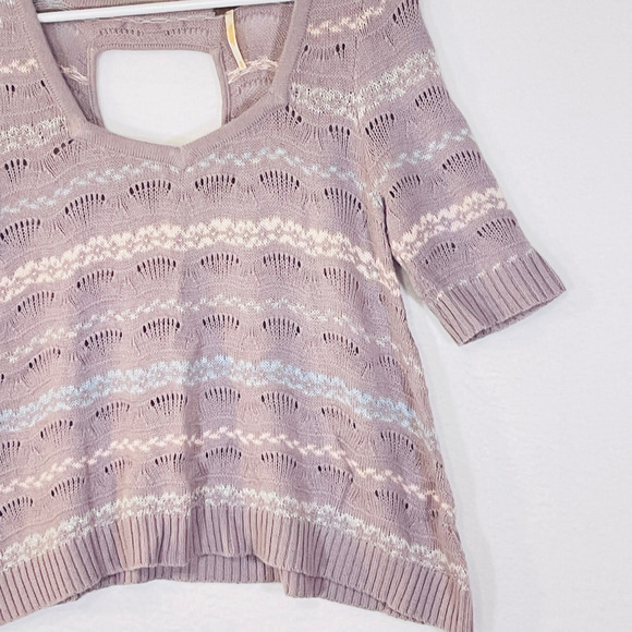 Free People Sweater Womens Medium Purple Striped Sweetheart Neck Short Sleeve - Picture 8 of 16